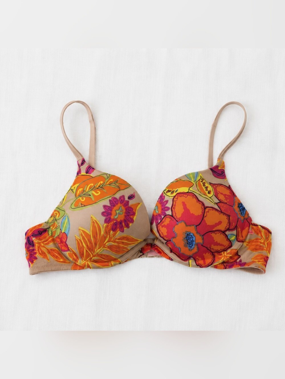 Vintage Victoria's Secret Floral Push Up Bra Orange Pink Size 36A Y2K
